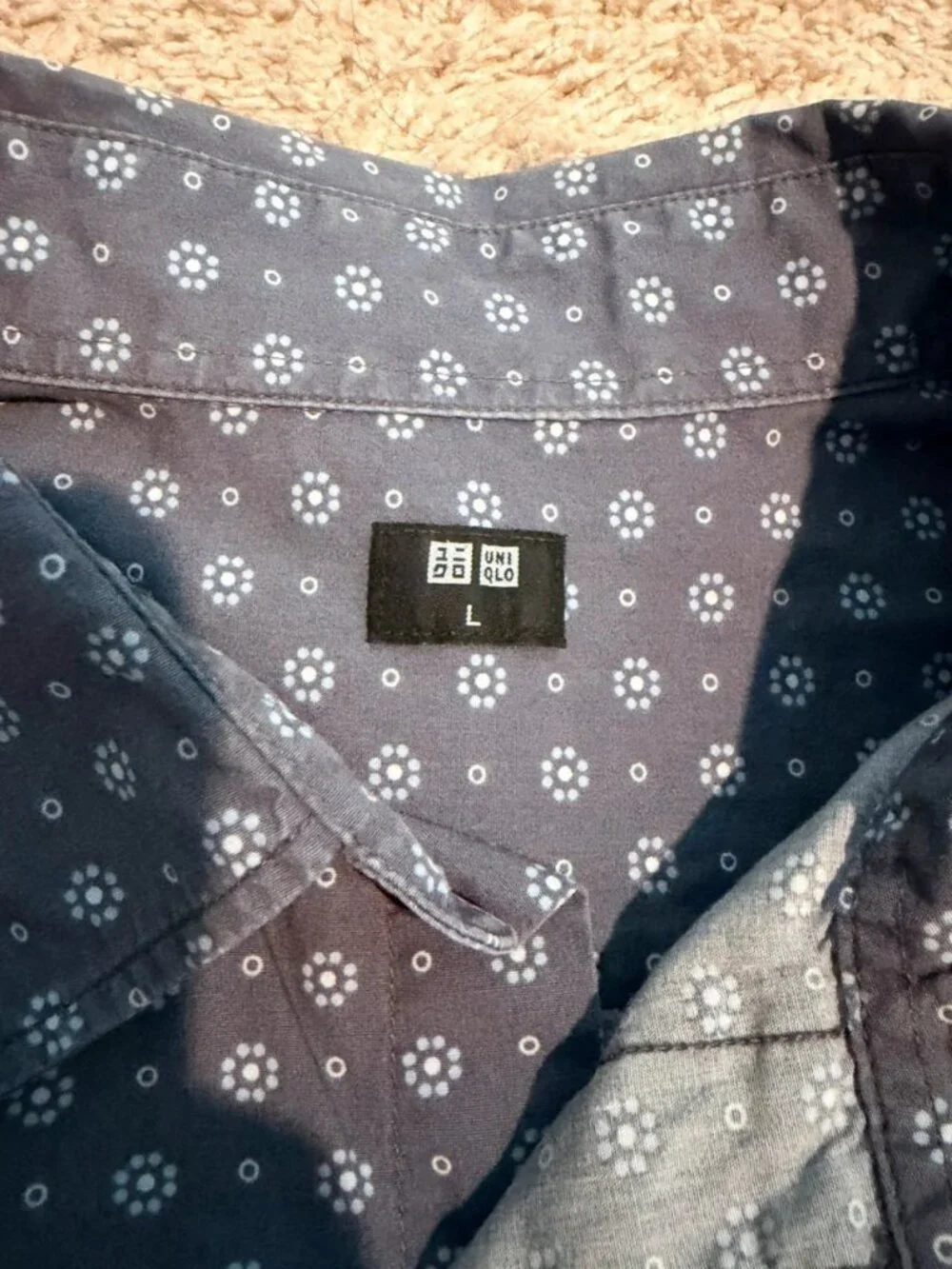 Blue-Gray Short Sleeve Button-Up Shirt with Floral Geometric Pattern, Size L